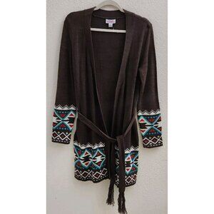 Pink Cattlelac Women Brown Open Long Sleeve Belted Western Cardigan Sweater sz S